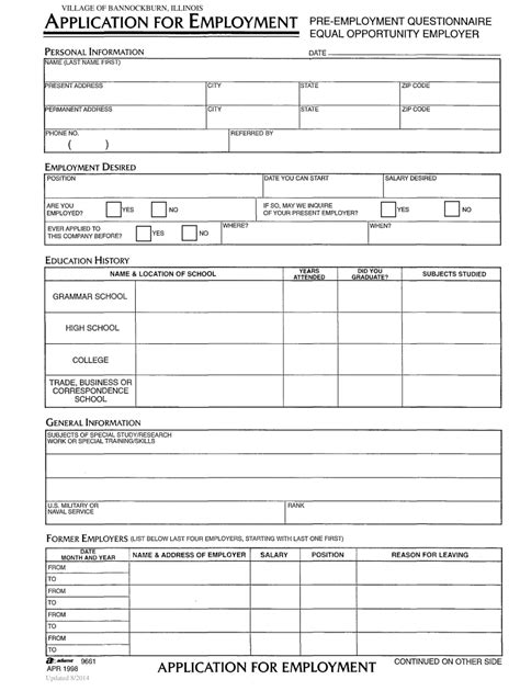 Employment Application Online Printable Standard Job Application Form