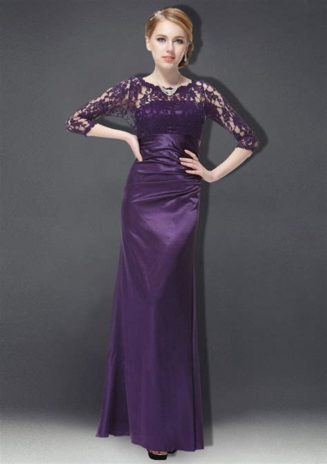 Dark Purple Lace 34 Sleeve Bridesmaids Dress Evening Party Purple