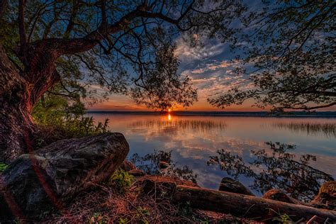 Lake Sunrise And Sunset Scenery Trees Nature Reflection