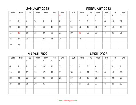 January To April 2022 Calendar Calendar Quickly