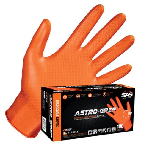 Sas Astro Grip Orange Nitrile Diamond Textured Disposable Gloves 7mil
