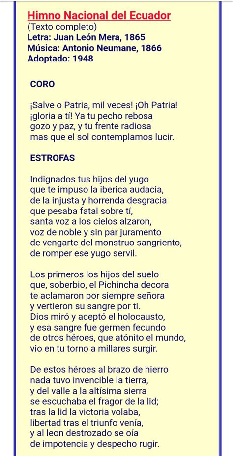 Estrofas Letra Himno Nacional Del Ecuador