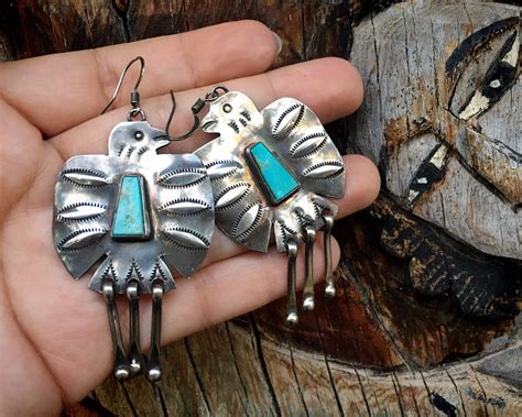 Navajo Vernon Begay Sterling Silver Thunderbird Earrings With Turquoise