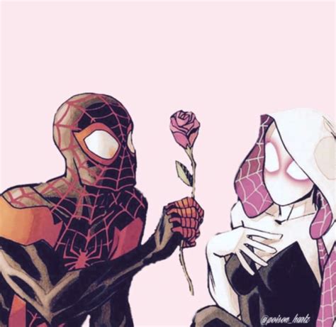 Two Spider Man Are Sitting Next To Each Other And One Is Holding A Rose
