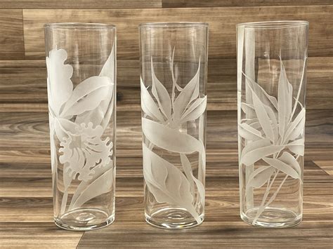 Mid Century Libbey Etched Tropical Floral Glasses Rare Drink Ware Iced Drink Tumblers T