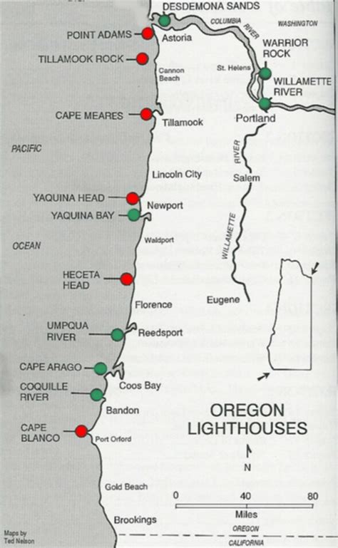 Oregon Coast Lighthouses Map Map Of The World