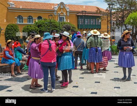 Bolivian Indigenous Quechua People Women In Traditional Clothing On The