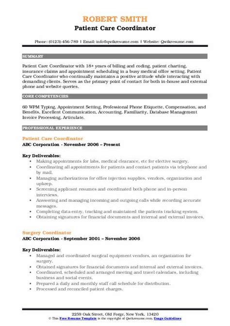 Rac coordinator, revenue cycle (april 2015) Patient Care Coordinator Resume Samples | QwikResume