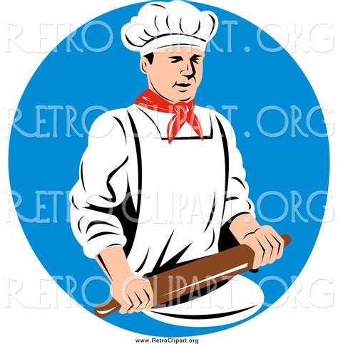 Clipart Of A Retro Male Chef Using A Rolling Pin Over A Blue Circle By