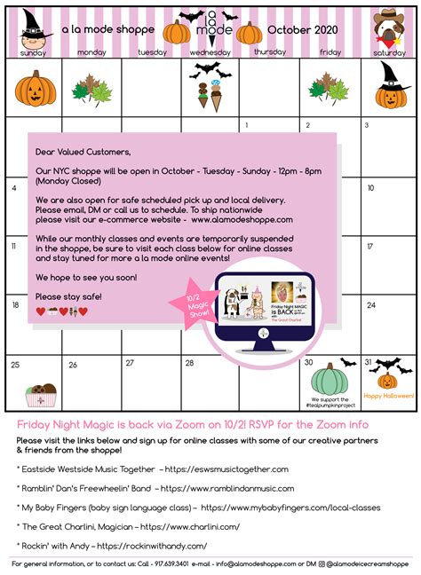 October 2020 Events Calendar A La Mode Shoppe