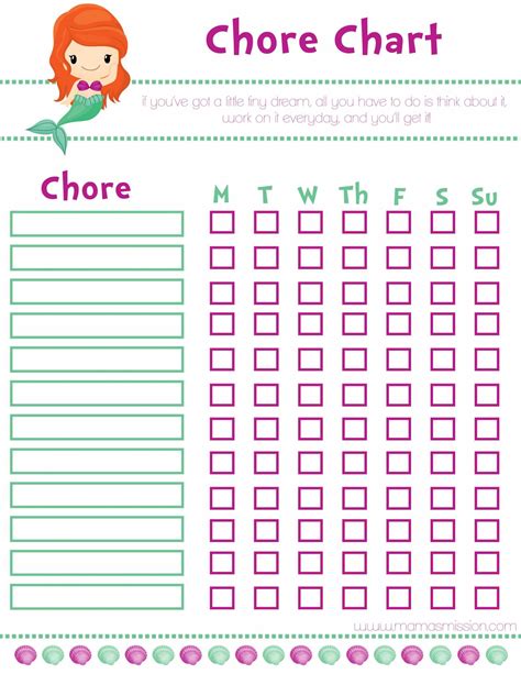 Little Mermaid Girl Printable Chore Chart Printable Chore Chart