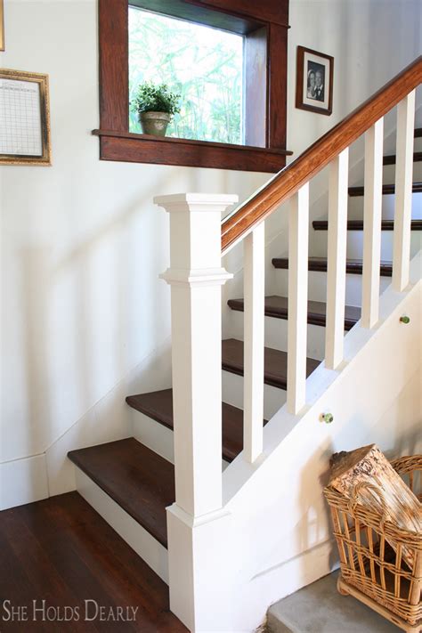 Slide the newel with attached sleeve into the hole and secure with the 4 anchoring screws to permanently attach the newel to the mounting surface. Farmhouse Newel Post Makeover - She Holds Dearly