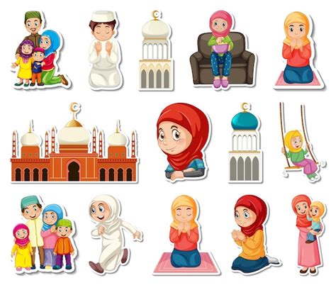 Free Vector Sticker Set Of Islamic Religious Symbols And Cartoon