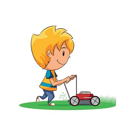 Kid Mowing Lawn Illustrations Royalty Free Vector Graphics And Clip Art