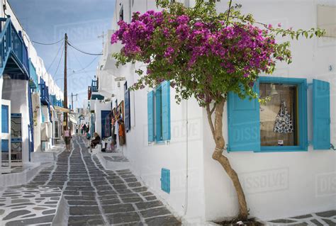 Traditional Buildings On Mykonos Street Cyclades Islands Greece