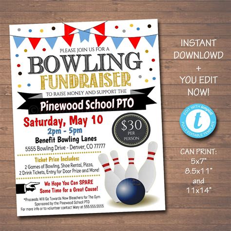 EDITABLE Bowling Fundraiser Flyer, Printable PTA PTO Flyer, School Chu ...