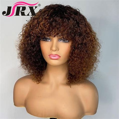 Honey Blonde Jerry Curly Human Hair Wigs With Bangs Short Bob Curly