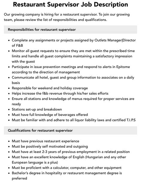 Restaurant Supervisor Job Description Velvet Jobs