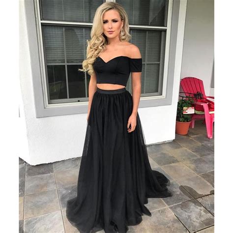 Cheap Black 2 Piece Prom Dresses Boat Neck Off The Shoulder Tulle Long