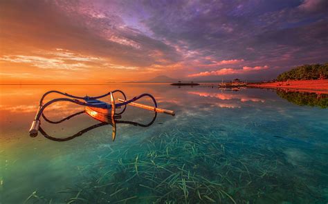 Bali Indonesia Orange Sunset Khanprosire Water Sea Grass Boat Desktop Hd Wallpaper For Pc Tablet ...
