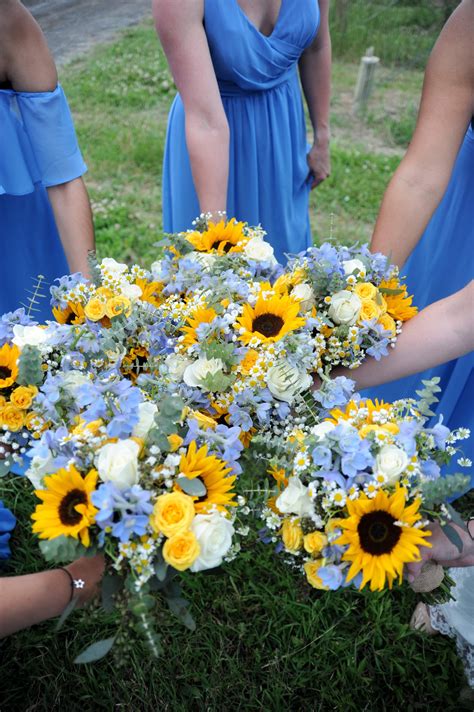 Rustic Country Sunflower Bridal And Bridesmaids Bouquets With Blue