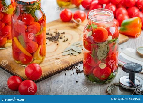 Homemade Pickled Tomatoes In Jar Selective Focus Stock Image Image