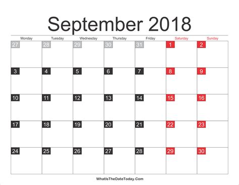 2018 September Calendar Printable Whatisthedatetodaycom