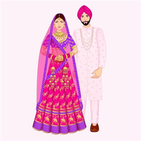 Premium Vector Indian Wedding Punjabi Couple Standing Wearing Sherwani And Lehenga