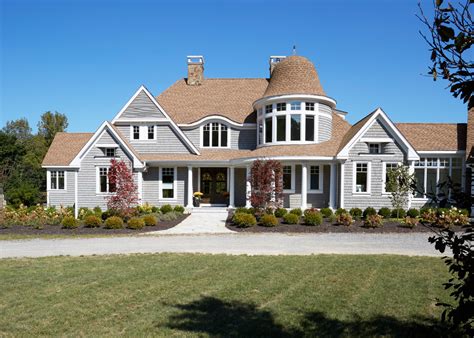 Stunningly realistic, cast from naturally split wood shakes. Shingle Style Home with Gray Cedar Shake and White Trim ...