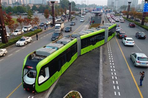 Chinas Autonomous “rail Bus” Uses Sensors To Move Along A Road Curbed
