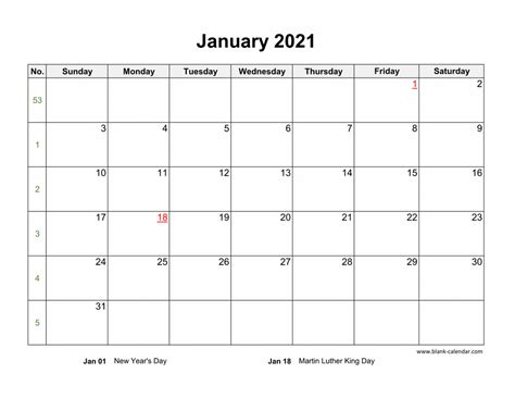 Download January 2021 Blank Calendar Horizontal
