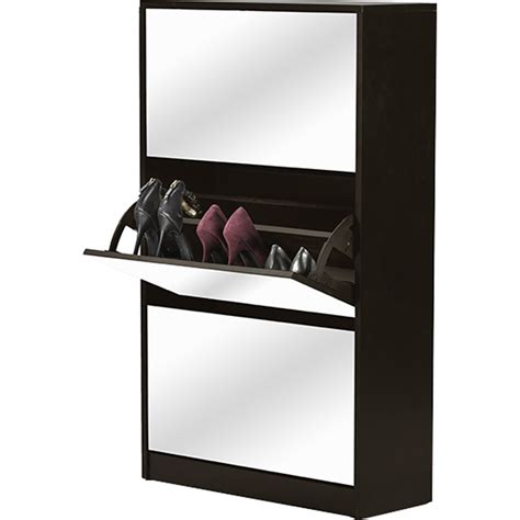 The shoe cabinet is fitted with a rotatable frame consisting of twelve shelves with a handy mirror placed on the back. Albany Shoe Storage Cabinet - Mirror, Brown | DCG Stores