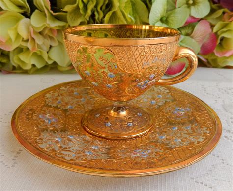 Moser Bohemian Glass Cup And Saucer ~ Gold Gilt ~ Enamel Flowers By Donna S Collectables Moser
