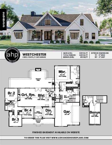 The Floor Plan For This Modern Farmhouse Style Home Which Has Three