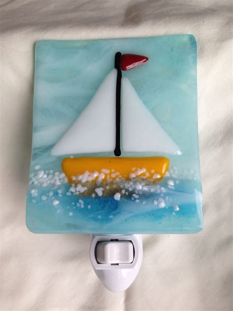 Simple Sailboat Night Light By Janelle Fused Glass Artwork Fused Glass Plates Fused Glass