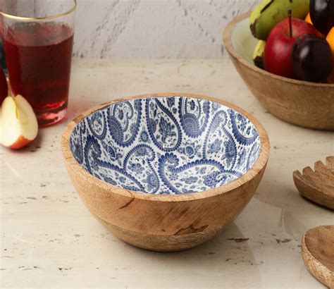 Buy Royal Blue Paisley Small Size Pack Of 1 Wooden Salad Bowl Online In