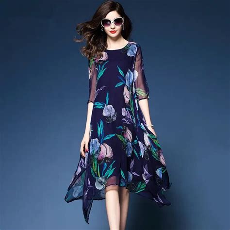 Spring And Autumn Women Chiffon Dress Short Sleeves O Neck Elegant One Piece Loose Dress For