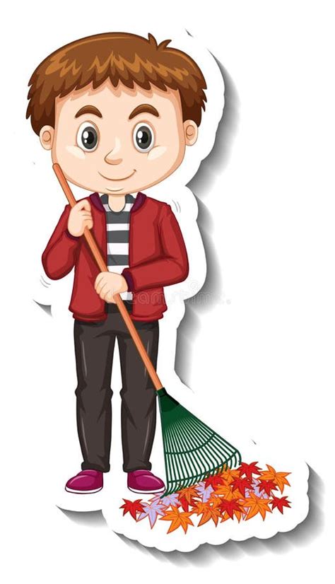 A Boy Holding Broom Cartoon Character Sticker Stock Vector
