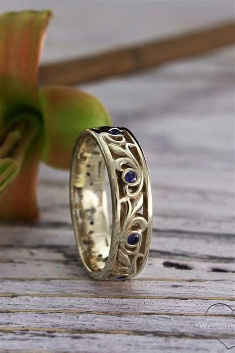 Vintage Wedding Bands Vintage Bands With Sapphires Yellow Gold Floral Elements Unique Handmade Wedding Rings Min 