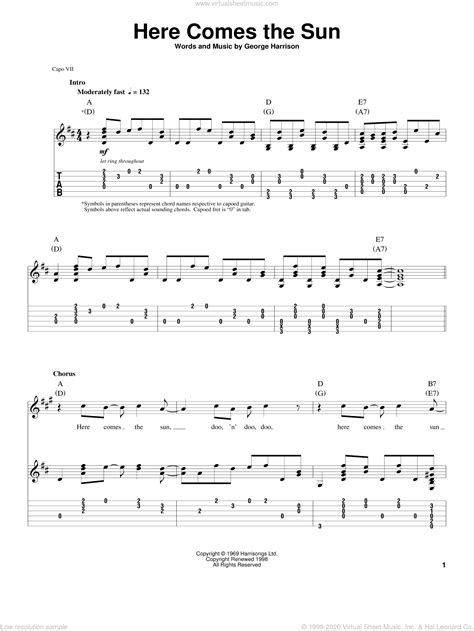 Harrison Here Comes The Sun For Guitar Tablature Play Along Sheet
