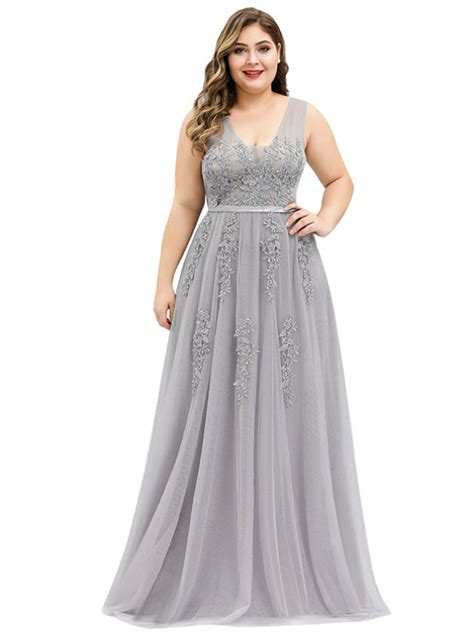 plus size gray 3 4 sleeve tulle appliques prom dress
