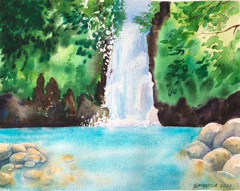 Waterfall Painting Landscape Original Art Watercolor Artwork Etsy
