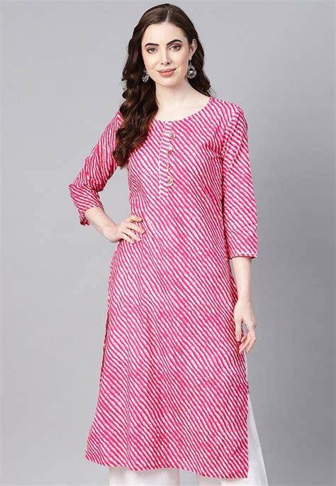 Leheriya Printed Cotton Straight Kurta In Pink Txr54