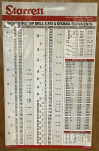 Starrett Machinist Decimal Wall Chart Tap Drill Sizes 25x39