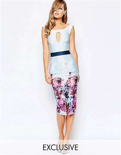 True Violet Off Shoulder Pencil Dress In Ombre Floral Print Asos