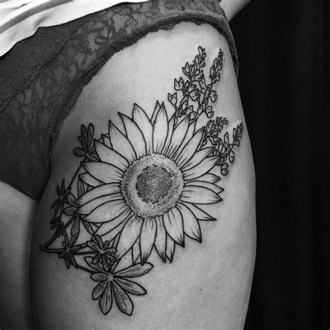 Sunflower And Lupine Upper Thigh Tattoo Thightattooideas Upper Thigh Tattoos Thigh Tattoo
