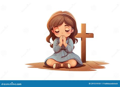 Illustration Of A Little Girl Praying With A Cross On A White