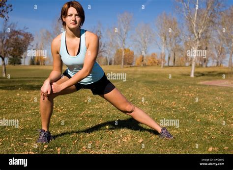 Young Woman Stretching Groin Stock Photo Alamy