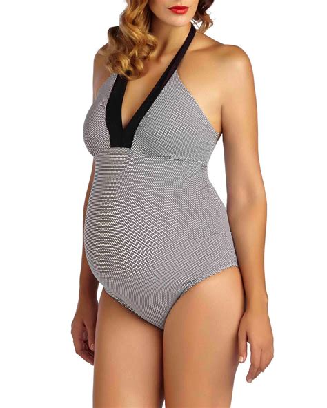 PEZ D OR Maternity Textured One Piece Halter Swimsuit Black White