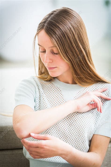 Woman Suffering From Elbow Pain Stock Image C Science